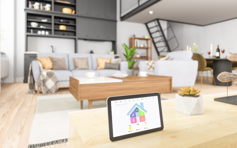 Tablet on Counter in Front of Living Room